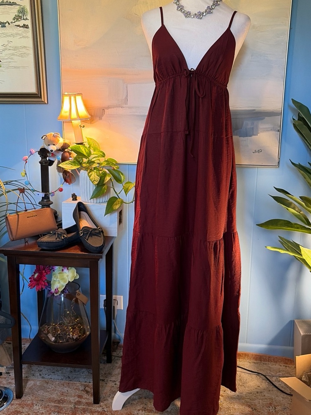 Women's Burgundy Spaghetti-Strap Maxi Dress with Tie Front